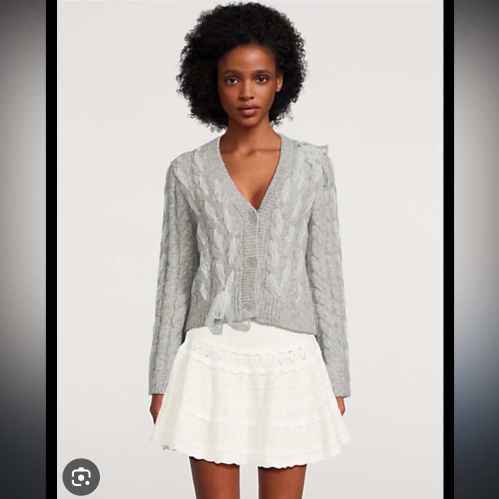 LoveShackFancy Heather Gray Cable Knit Sweater with white lace ribbon